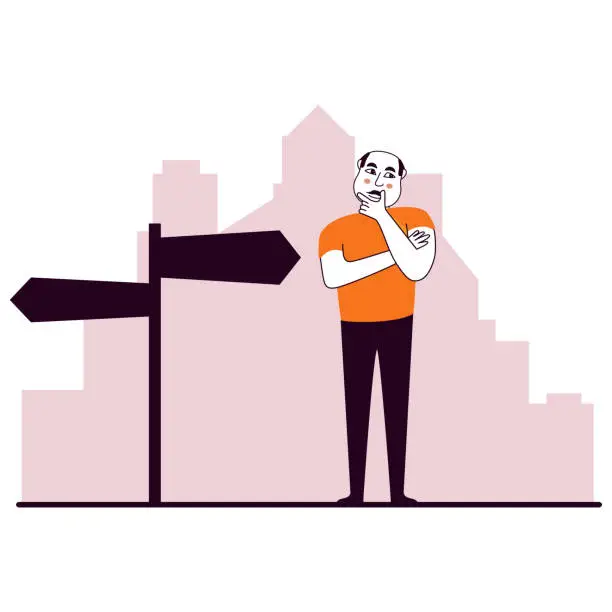 Vector illustration of Tourist with guidepost.Man looking at signpost.Old fashioned navigation.