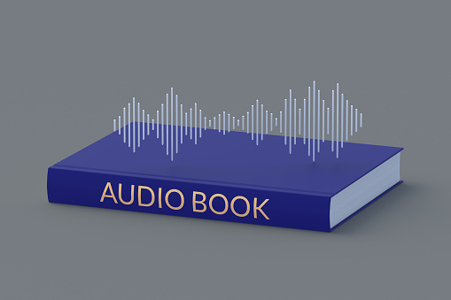 Audiobook concept with inscription on book near voice wave. Modern technology. Sound literature. 3d render