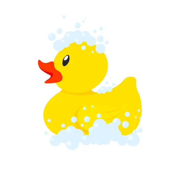 Vector illustration of Yellow rubber bath duck in foam with bubbles.