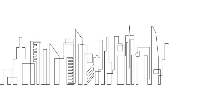 Continuous line drawing of house motion, residential building clip. Panoramic landscape of metropolis architecture, skyscrapers. Modern cityscape continuous one linear animation.