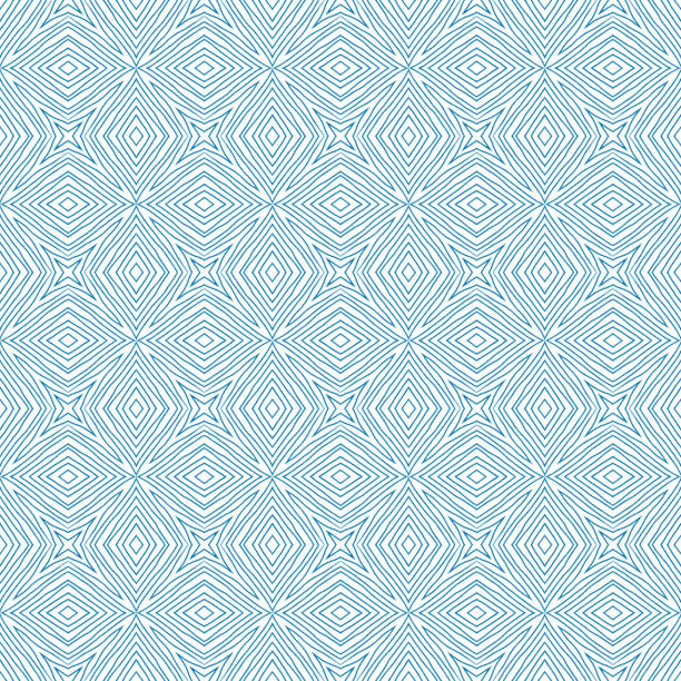Ikat repeating swimwear design. Blue symmetrical kaleidoscope background. Textile ready creative print, swimwear fabric, wallpaper, wrapping. Summer ikat sweamwear pattern.