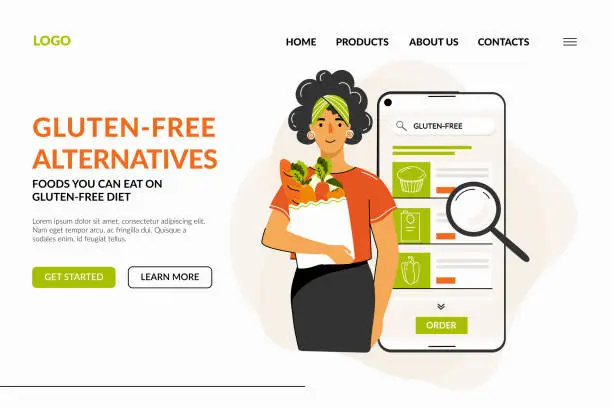 Vector illustration of Web page about gluten-free diet products. Woman in smartphone searching products for her gluten-free diet. Concept of gluten free diet, dietary eating, wellbeing, meal planning and online shopping. Vector illustration