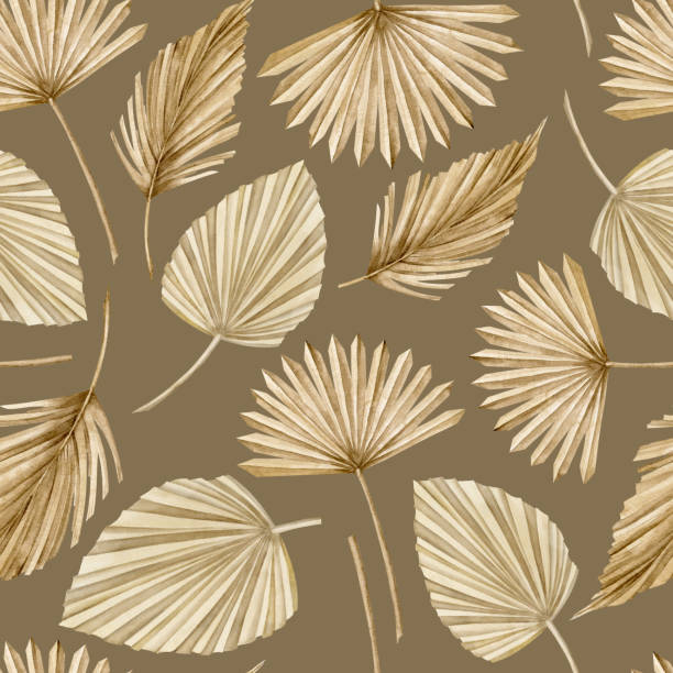 istock Palm leaves seamless Pattern. Hand drawn watercolor illustration with dry tropical plants on dark brown background in boho style. Floral bohemian ornament for wallpaper, textile design or paper 1487809584