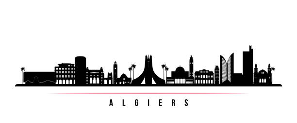 algiers skyline horizontal banner. black and white silhouette of algiers, algeria. vector template for your design. - 阿爾基爾 幅插畫檔、美工圖案、卡通及圖標