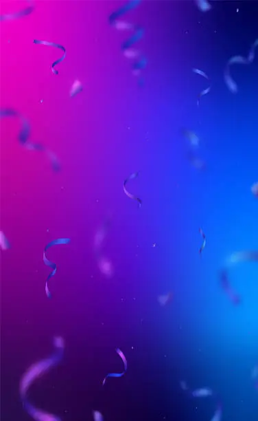 Vector illustration of Birthday vertical banner. Disco party backdrop. Violet party Confetti. Ribbons motion blur effect. Fluid neon wallpaper.