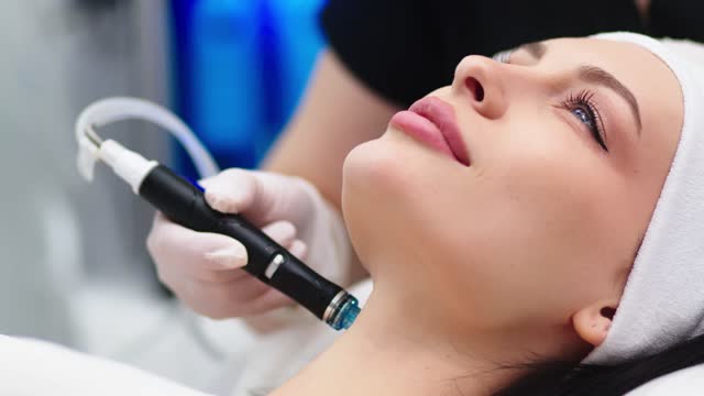 Cosmetology clinic. Professional female cosmetologist doing Hydradermabrasian procedure while being a work. Attractive nice woman lying on the medical bed while having beauty procedures