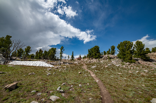 Footpath, storm clouds from the Beartooth highway in Montana, in western USA of North America.. Nearest cities are Denver, Colorado, Salt Lake City, Jackson, Wyoming, Gardiner, Cooke City, Bozeman, and Billings, Montana, North America.