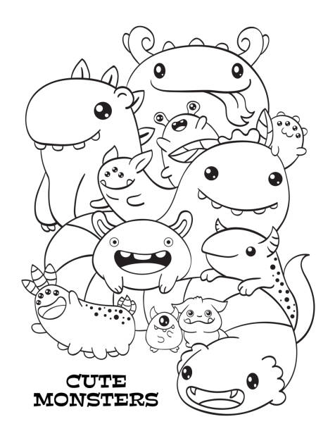 ilustrações de stock, clip art, desenhos animados e ícones de black and white pattern with aliens for coloring. cute monsters friends. coloring page with fantasy characters for children and adults. coloring book anti-stress - book monster fairy tale picture book