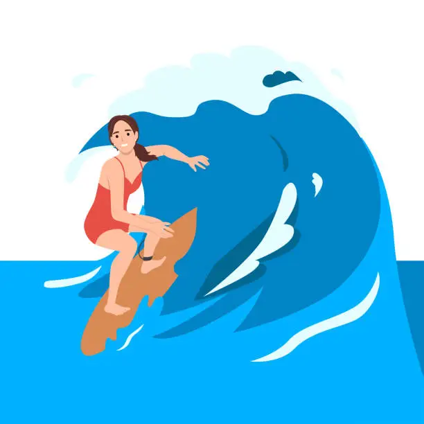 Vector illustration of Young surf girl riding ocean wave on board, summer surfing activity, sports recreation, sea leisure hobby. Excited smiling woman in bikini having outdoors fun and adventure