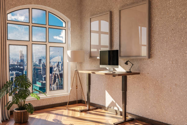 istock modern standing desk pc workplace in daylight downtown skyline office; home decoration desing and home office concept; 3D Illustration 1487813487