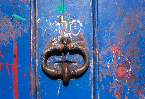 Lyon, France: Ornate Antique Door Knocker Old Blue Door