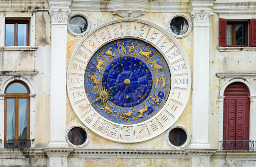 VENICE, Italy - September 30, 2022:View of  Zodiacal clock in Venice. Located in the Clock Tower at Piazza San Marco, the most famous square in Venice. Close-up with details
