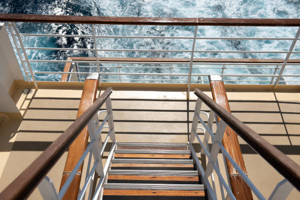 istock Cruise ship stairs to open deck railing with sea in the background 1487816479