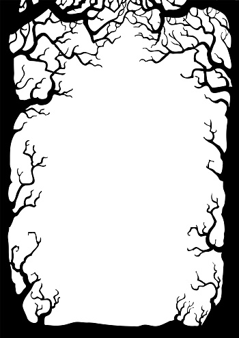 Background with black silhouettes of trees and branches. Vector poster illustration with place for your text on white.
