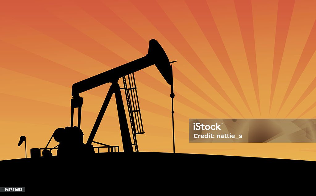 Pumpjack at Sunset Silhouette  illustration of a pumpjack at sunset. Zip includes AI file format. Black Color stock vector