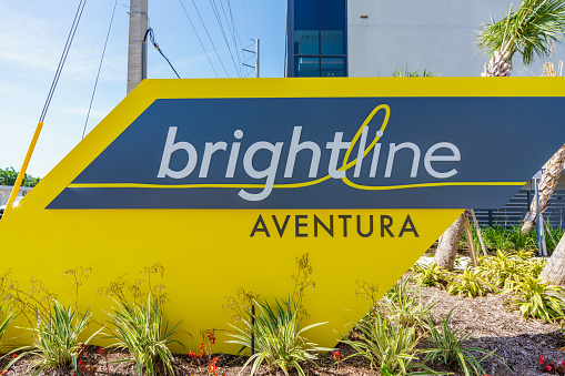 Aventura, FL, USA - May 2, 2023: Photo of Aventuras new Brightline high speed train station platform