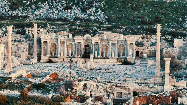 The Fountain of Antonine Nymphaeum in the Ancient City of Sagalassos, Aerial view of the ancient city of Sagalassos at sunrise, the most important roman ruins in history, popular touristic place in turkey, Archaeological Site of Sagalassos