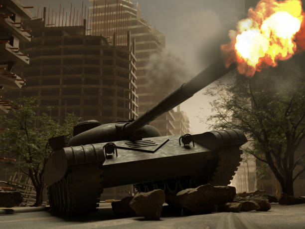 istock City war battlefield scene with shooting tank 1487817984