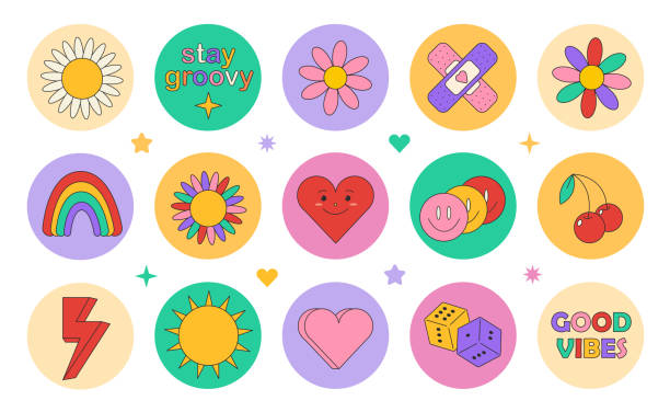 Sticker pack in trendy retro psychedelic style. Groovy hippie 70s set. Funny cartoon flower, rainbow, peace, Love, heart, daisy, mushroom etc. Sticker pack in trendy retro psychedelic cartoon style. Isolated vector illustration. Flower power. good job emoji stock illustrations