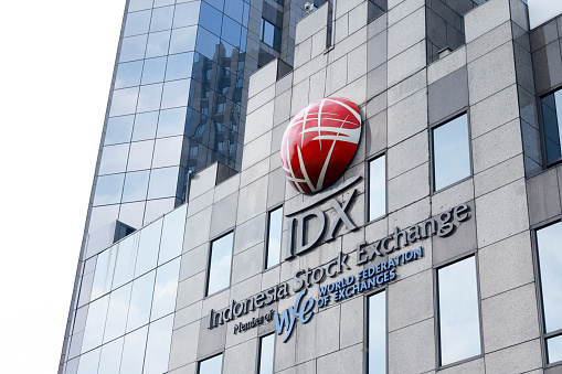 Exterior view of the building and logo of the Indonesian stock exchange (IDX) in Sudirman Central Business District (SCBD). Jakarta - Indonesia, 06 13 2021