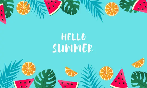 Vector illustration of Hello summer banner with watermelon, oranges and palm leaves.