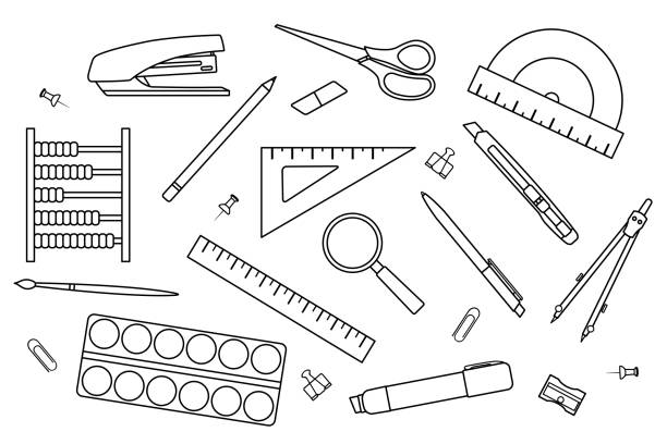 ilustrações de stock, clip art, desenhos animados e ícones de linear icon vector stationery, school and office supplies, back to school, doodle and sketch - education childhood school drawing compass