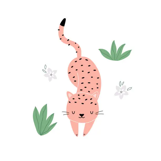 Vector illustration of Vector illustration of a cute cheetah, tropical leaves and flowers