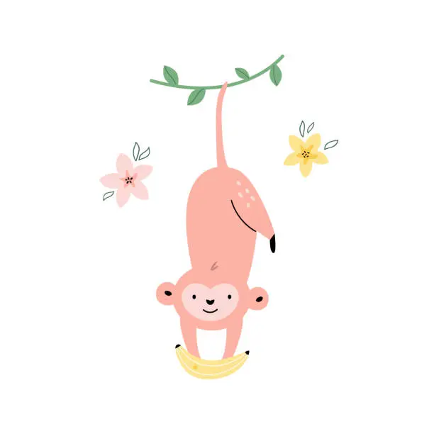 Vector illustration of Vector illustration of funny monkey, ape hanging with banana