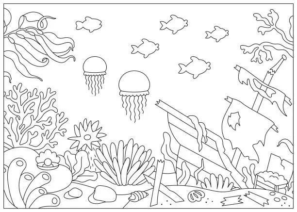 Vector illustration of Vector black and white under the sea landscape illustration with wrecked ship. Ocean life line scene with seaweeds, stones, corals, reefs. Cute horizontal water nature background, coloring page