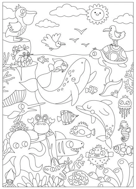 Vector illustration of Vector black and white under the sea landscape illustration with rock slope. Ocean life line scene with animals, dolphin, whale, seagull, pelican. Vertical water nature background or coloring page