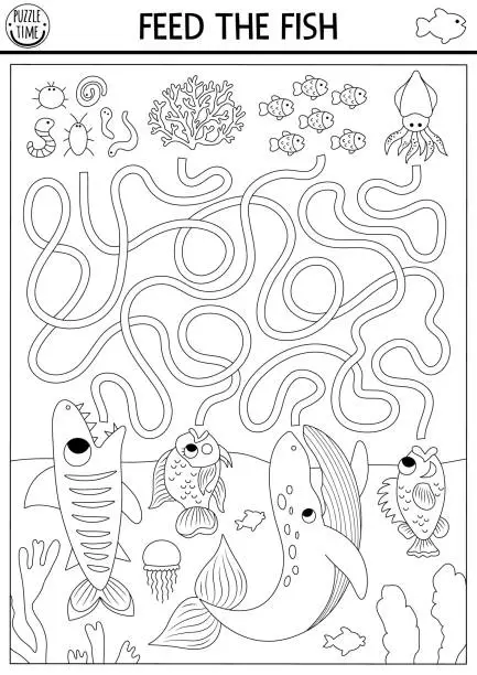 Vector illustration of Under the sea black and white maze for kids with turtle, whale, shark, bass, parrotfish. Ocean line preschool activity with fishes, food. Water labyrinth game, coloring page. Feed the fish
