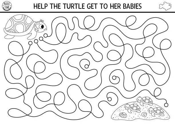 Vector illustration of Under the sea black and white maze for kids with tortoise, seashells, sand. Ocean or mothers day line preschool printable activity. Water labyrinth game, coloring page. Help turtle get to babies