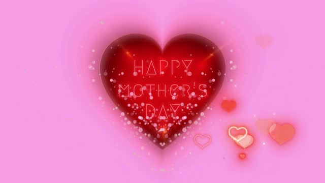 Happy Mother's day greeting animation with 3d animated hearts appearing randomly. Pulsating red heart. Neon Text, Mothers day concept on pink background