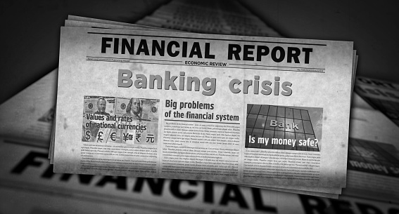 Banking crisis economy finance and global recession vintage news and newspaper printing. Abstract concept retro headlines 3d illustration.