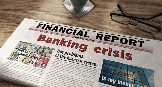Banking crisis economy finance and global recession daily newspaper on table. Headlines news abstract concept 3d illustration.