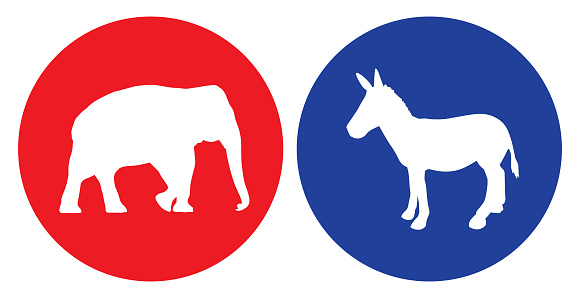 Vector illustration of a round elephant and donkey icons on a white background.