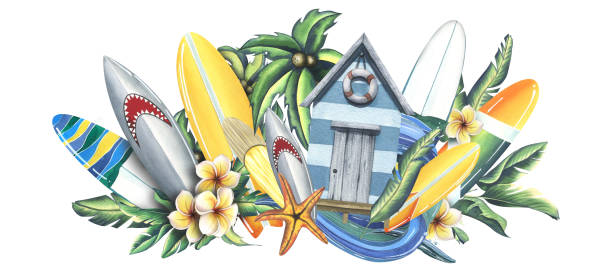 деревянный пляжный домик с доской для серфинга, тропическими листьями монстеры, цветами франжипани, дорожным знаком и коктейлем из кокоса.  - hut island beach hut tourist resort stock illustrations