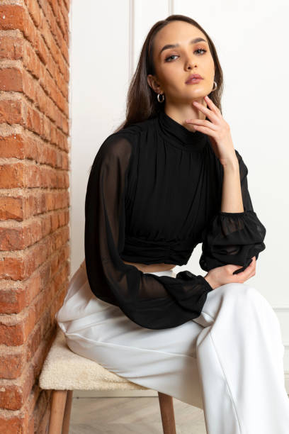 istock Beautiful brunette model wearing stylish outfit. 1487835651