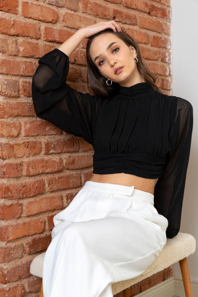 Beautiful brunette model wearing stylish outfit.