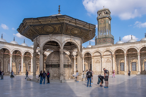 Cairo, Egypt - April 30, 2023: Inner courtyard of the Mosque of Muhammad Ali, in the citadel