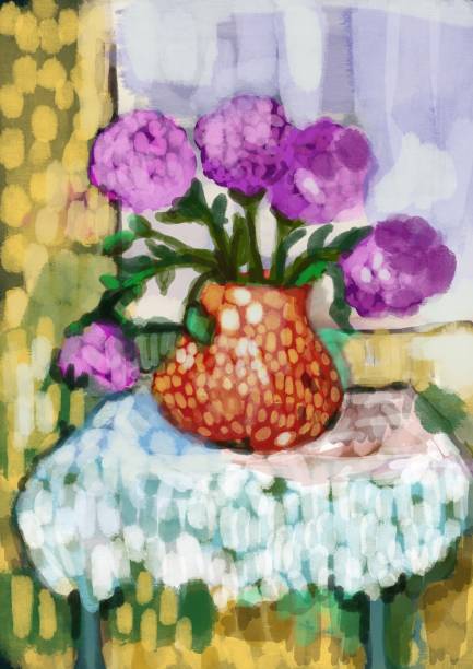 istock Digital illustration of still life in expressionist style showing a reddish vase with purple flowers on, on a table with a white tablecloth. 1487840239