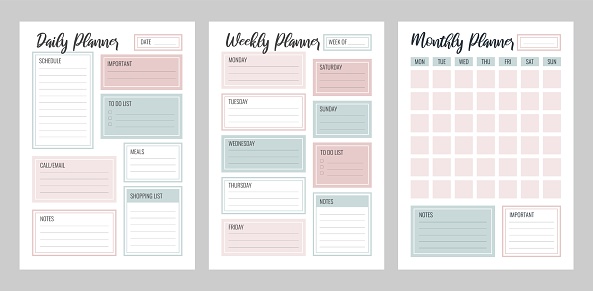 Set of Daily Weekly Monthly planner printable vector template. Blank organizer page A4, A5. Collection of business schedule pages for effective planning. Personal notebook. Paper sheet.