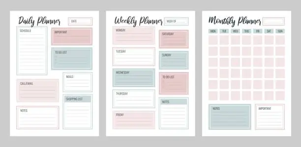 Vector illustration of Set of Daily Weekly Monthly planner printable vector template. Blank organizer page A4, A5. Collection of business schedule pages for effective planning. Personal notebook. Paper sheet.