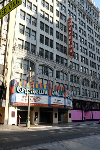 Los Angeles, United States – June 18, 2021: Vertical shot of the Orpheum Theatre exterior and its historical architecture during the day