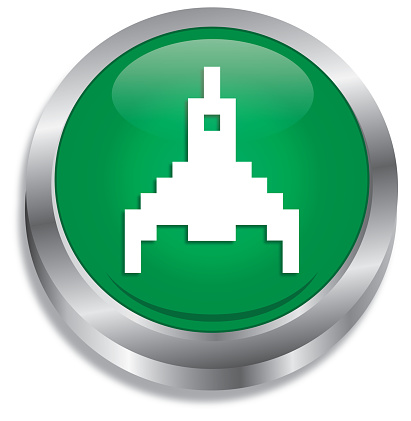 Vector illustration of a shiny green and silver pixelated rocket push button.