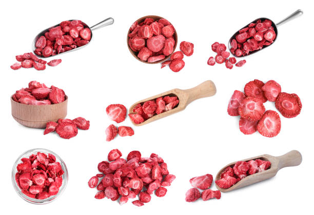 Set with freeze dried strawberries on white background