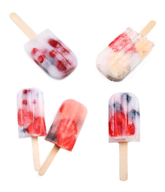 istock Tasty berry ice popsicles on white background 1487844471