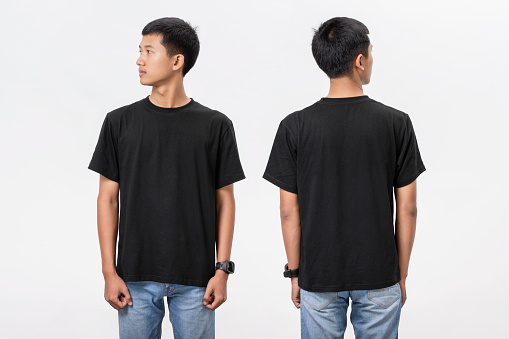 Young handsome asian man in blank black t-shirt front and back view isolated white background. Blank black t-shirt for mock up, template, print and t-shirt design concept.