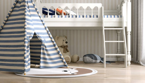 istock Blue white stripe kid teepee tent, round rug, bear doll, vintage style white loft bunk bed in sunlight on beige white stripe wallpaper wall 1487845742