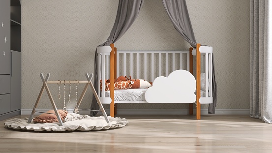 Luxury, cozy toddler bedroom with modern white kid cot bed with canopy, baby gym with brown cushion pad in sunlight on vintage design wallpaper wall for children interior design product display background 3D